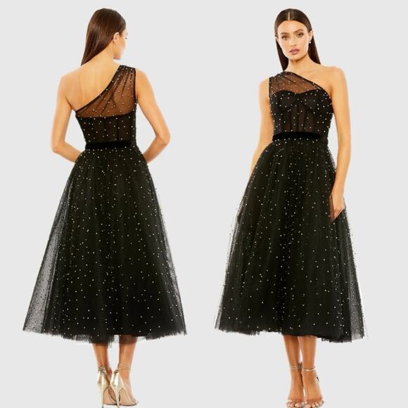 Mac Duggal One Shoulder Pearl Beaded Midi Ballgown Dress - Picture 14 of 14